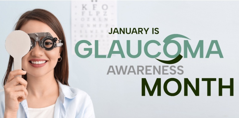 Image of a woman wearing a trial frame and covering one eye with the words January is Glaucoma Awareness Month next to her